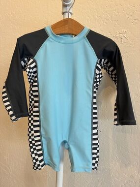 Kids Long Sleeve Rash Guard Swimsuit - Light Blue and Black Check